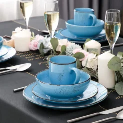 Vancasso Serie Navia Oceano, 16 Teilig Essservice Set Aus Steingut, Tafeiservice Für 4 Personen, Wasserblau, Vintage Aussehen, Natur Design -Esstisch Lieferungen Rabatte 0716ca1014206be5b32d7329105b29f4