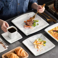 MALACASA, Serie Blance, Kombiservice 30 Tlg. Marmor Porzellan Geschirrset Eckig Tafelservice Mit 180 Ml Kaffeetassen, Untertassen, Dessertteller, Tiefteller Und Flachteller -Esstisch Lieferungen Rabatte 23a76f292d464af6a18ea4b933de640b