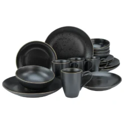 CreaTable 22699 Kombiservice Industrial Gold BLACK Für 4 Personen, Steinzeug, Schwarz (1 Set, 16-teilig)