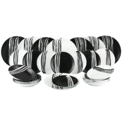 Waterside 0000006105 Tafelservice Milan Für 8 Personen + Streifen, Porzellan, Rund, Schwarz/weiß (1 Set, 24-teilig)
