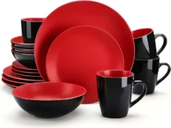 Vancasso Tafelservice Steinzeug, Allegro 16 Teiliges Essgeschirr Kombiservice, Handbemaltes Geschirrset Für 4 Personen, Vintage Rot