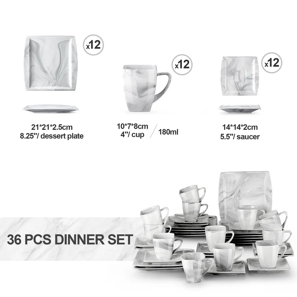 MALACASA, Serie Blance, 36 Tlg. Set Marmor Porzellan Kaffeeservice Geschirrset, Mit 12 Stück Kuchenteller, 12 Stück 180ml Tasse Und 12 Stück Untertasse Für 12 Personen 4 MALACASA, Serie Blance, 36 Tlg. Set Marmor Porzellan Kaffeeservice Geschirrset, Mit 12 Stück Kuchenteller, 12 Stück 180ml Tasse Und 12 Stück Untertasse Für 12 Personen – Bild 2