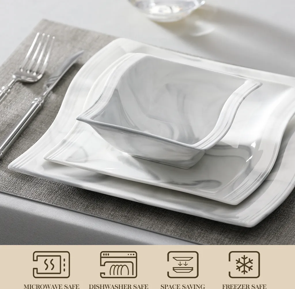 MALACASA, Serie Flora, 26 Tlg. Marmor Porzellan Geschirrset Kombiservice Tafelservice Mit 6 Schalen, 6 Dessertteller, 6 Suppenteller, 6 Speiseteller, 2 Rechteckigen Platten 5 MALACASA, Serie Flora, 26 Tlg. Marmor Porzellan Geschirrset Kombiservice Tafelservice Mit 6 Schalen, 6 Dessertteller, 6 Suppenteller, 6 Speiseteller, 2 Rechteckigen Platten – Bild 3