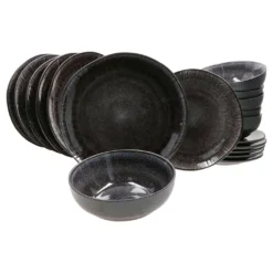 Esstisch Lieferungen Rabatte 38 18tlg. Teller Set Reactive Glaze Black 6 Pers. Steingut Teller Schale Schwarz