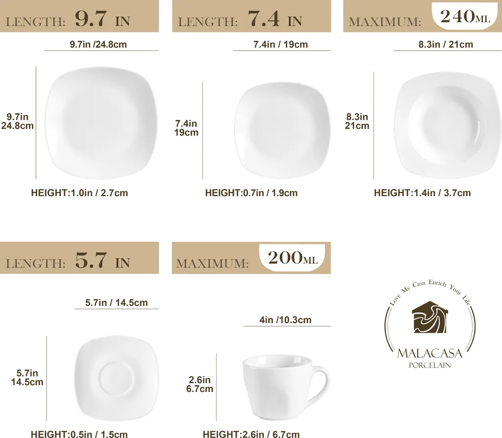MALACASA, Serie Elisa, 60 Tlg. Porzellan Tafelservice Geschirrset Mit 12 Kaffeetassen, 12 Untertassen, 12 Dessertteller, 12 Suppenteller, 12 Essteller 4 MALACASA, Serie Elisa, 60 Tlg. Porzellan Tafelservice Geschirrset Mit 12 Kaffeetassen, 12 Untertassen, 12 Dessertteller, 12 Suppenteller, 12 Essteller – Bild 2